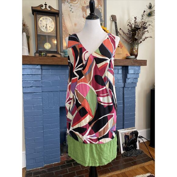 NEXT Tank Sleeveless V Neck Dress LINEN Blend Sz 8 Geometric Y2k Print M Boho - Picture 1 of 14